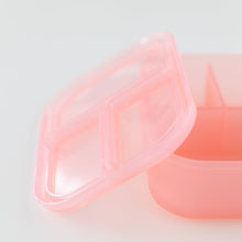 Load image into Gallery viewer, Close-up of Bumkins Silicone Bento Box 3 Section: Pink Jelly, with its transparent lid, on a white background.
