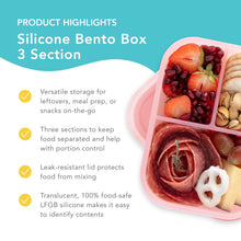 Load image into Gallery viewer, Bumkins Silicone Bento Box 3 Section highlights—versatile storage, 3 sections, leak-resistant lid, translucent 100% food-safe LFGB silicone.

