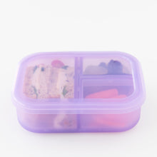 Load image into Gallery viewer, Bumkins Silicone Bento Box 3 Section: Purple Jelly holds a sandwich, fruit, and veggies on a white background.

