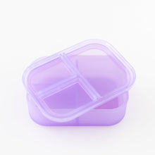 Load image into Gallery viewer, Bumkins Silicone Bento Box 3 Section: Purple Jelly sits on a white background, lid askew.
