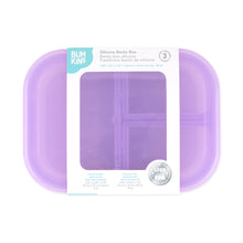 Load image into Gallery viewer, Bumkins Silicone Bento Box 3 Section: Purple Jelly is shown with a cardboard packaging band around the middle.
