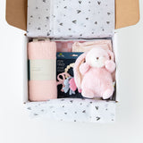 The Family Match-Girl Cloud by Zoolikins: plush bunny, pink swaddle, outfit & teether on heart tissue—sweet baby bedtime set.