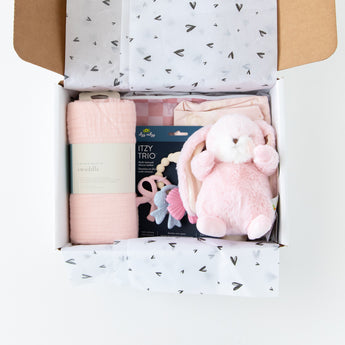 The Family Match-Girl Cloud by Zoolikins: plush bunny, pink swaddle, outfit & teether on heart tissue—sweet baby bedtime set.