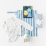 The Family Match- Boy Lullaby by Zoolikins: blue PJs, bird toy, blanket, bear teethers & bag—ideal baby gift set for newborns.