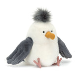 Jellycat Chip Seagull: white fur, grey wings, yellow beak, pink feet & fluffy tuft—a must-have for plush toy fans!.