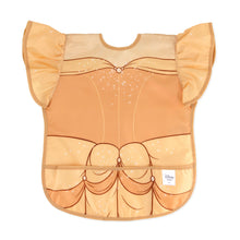 Load image into Gallery viewer, Bumkins Ruffle Apron Bib: Belle is a waterproof bib with a yellow princess dress design, ruffle sleeves, and front pocket.
