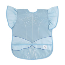 Load image into Gallery viewer, Bumkins Ruffle Apron Bib: Cinderella is a waterproof bib with a blue princess dress design, ruffle sleeves, and front pocket.
