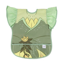 Load image into Gallery viewer, Bumkins Ruffle Apron Bib: Tiana is a waterproof bib with a green princess dress design, ruffle sleeves, and front pocket.
