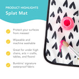Bumkins Splat Mat highlights—protect your surfaces from messes, machine washable, great for under chairs, Bumkins' signature waterproof fabric.