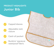 Load image into Gallery viewer, Bumkins Junior Bib highlights—capped sleeves, adjustable neck closure, catch all pocket, Bumkins' signature waterproof fabric.

