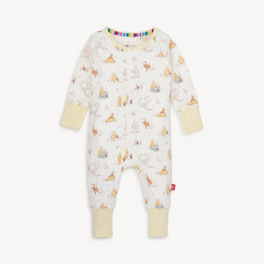 Magnetic Mes Magnetic, Coverall Moments w/Friends: white baby onesie with animal prints & yellow cuffs in eco-friendly TENCEL™ modal.