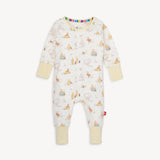 Magnetic Mes Magnetic, Coverall Moments w/Friends: white baby onesie with animal prints & yellow cuffs in eco-friendly TENCEL™ modal.