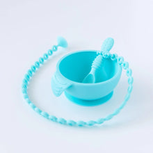 Load image into Gallery viewer, Bumkins Silicone First Feeding Set: Blue and a blue silicone tether sit on a white background.
