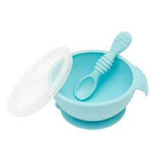Load image into Gallery viewer, Bumkins Silicone First Feeding Set: Blue includes a bowl with suction bottom, a matching spoon, and a transparent lid.
