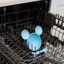 Load image into Gallery viewer, Bumkins Silicone First Feeding Set: Mickey Mouse Light Blue sits in the top rack of an open dishwasher.
