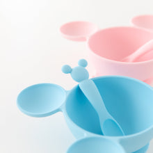 Load image into Gallery viewer, Bumkins Silicone First Feeding Set: Mickey Mouse Light Blue sits in front of another similar bowl on a white background.
