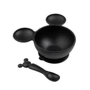 Bumkins Silicone First Feeding Set: Mickey Mouse Classic Black includes a black Mickey Mouse-shaped silicone bowl and matching spoon.