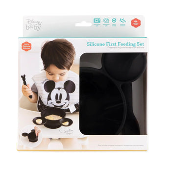 Bumkins Silicone First Feeding Set: Mickey Mouse Classic Black is shown in a packaging box, with a clear window partially showing the bowl.