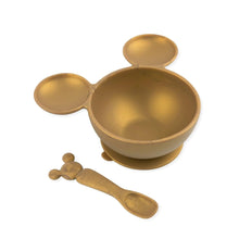 Load image into Gallery viewer, Bumkins Silicone First Feeding Set: Minnie Mouse Gold includes a gold Minnie Mouse-shaped silicone bowl and matching spoon.
