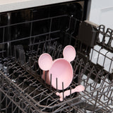 Bumkins Silicone First Feeding Set: Minnie Mouse Light Pink sits in the top rack of an open dishwasher.