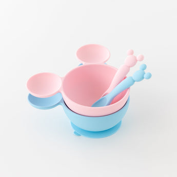 Bumkins Silicone First Feeding Set: Minnie Mouse Light Pink is stacked on top of another similar bowl on a white background.