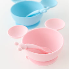 Load image into Gallery viewer, Bumkins Silicone First Feeding Set: Minnie Mouse Light Pink sits in front of a similar bowl on a white background.

