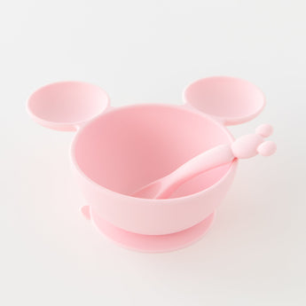 Bumkins Silicone First Feeding Set: Minnie Mouse Light Pink rests on a white background.
