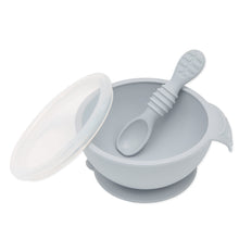 Load image into Gallery viewer, Bumkins Silicone First Feeding Set: Gray includes a bowl with suction bottom, a matching spoon, and a transparent lid.
