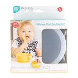Bumkins Silicone First Feeding Set: Marble is shown in a white packaging box, with a clear window partially showing the bowl.