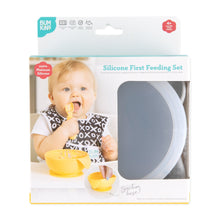 Load image into Gallery viewer, Bumkins Silicone First Feeding Set: Marble is shown in a white packaging box, with a clear window partially showing the bowl.
