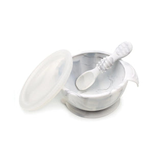Bumkins Silicone First Feeding Set: Marble includes a bowl with suction bottom, a matching spoon, and a transparent lid.