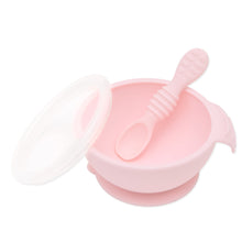 Load image into Gallery viewer, Bumkins Silicone First Feeding Set: Pink includes a bowl with suction bottom, a matching spoon, and a transparent lid.
