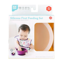 Load image into Gallery viewer, Bumkins Silicone First Feeding Set: Pineapple is shown in a white packaging box, with a clear window partially showing the bowl.
