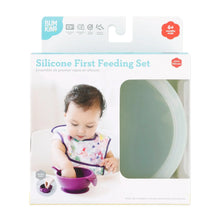 Load image into Gallery viewer, Bumkins Silicone First Feeding Set: Sage is shown in a white packaging box, with a clear window partially showing the bowl.
