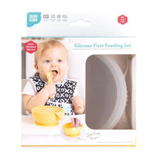Load image into Gallery viewer, Bumkins Silicone First Feeding Set: Sand is shown in a white packaging box, with a clear window partially showing the bowl.
