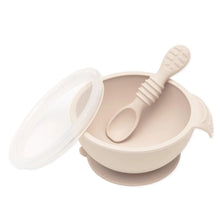 Load image into Gallery viewer, Bumkins Silicone First Feeding Set: Sand includes a baby bowl with suction base, a matching spoon, and a transparent lid.
