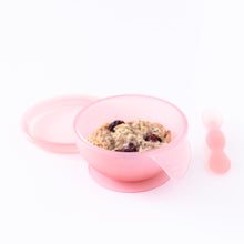 Load image into Gallery viewer, Bumkins Silicone First Feeding Set: Pink Jelly holds oatmeal and berries on a white background.
