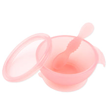 Load image into Gallery viewer, Bumkins Silicone First Feeding Set: Pink Jelly—includes a pink bowl with suction base, LFGB-grade silicone lid, and textured spoon.

