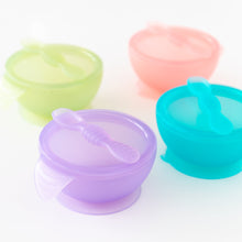 Load image into Gallery viewer, Bumkins Silicone First Feeding Set: Purple Jelly sits among other colorful bowl and spoon sets on a white background.
