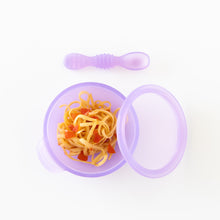 Load image into Gallery viewer, Bumkins Silicone First Feeding Set: Purple Jelly filled with pasta and veggies on a white background.
