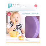 Bumkins Silicone First Feeding Set: Purple Jelly is shown in a white packaging box, with a clear window partially showing the bowl.