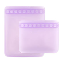 Load image into Gallery viewer, Bumkins Silicone Flat Reusable Bag 2 Pack, Lavender includes two silicone bags—one large, one small—with child-friendly leak-proof closures.

