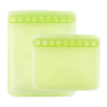 Load image into Gallery viewer, Bumkins Silicone Flat Reusable Bag 2 Pack, Sage features one large and one small bag in translucent green silicone.

