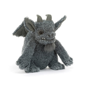 Jellycat Growlston Gargoyle, a plush gray dragon with wings, horns, and beard, sits upright on a white background.