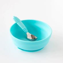 Load image into Gallery viewer, Bumkins Silicone Grip Bowl: Blue sits on a white background with a matching spoon inside.
