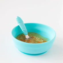Load image into Gallery viewer, Bumkins Silicone Grip Bowl: Blue holds soup with pasta and a matching spoon on a white background.
