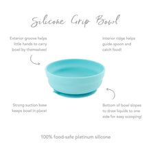 Load image into Gallery viewer, Infographic of Bumkins Silicone Grip Bowl: 100% food-safe platinum silicone, strong suction base, interior ridge, exterior groove.
