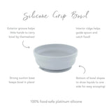 Infographic of Bumkins Silicone Grip Bowl: 100% food-safe platinum silicone, strong suction base, interior ridge, exterior groove.