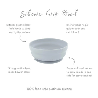 Infographic of Bumkins Silicone Grip Bowl: 100% food-safe platinum silicone, strong suction base, interior ridge, exterior groove.