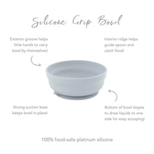Load image into Gallery viewer, Infographic of Bumkins Silicone Grip Bowl: 100% food-safe platinum silicone, strong suction base, interior ridge, exterior groove.
